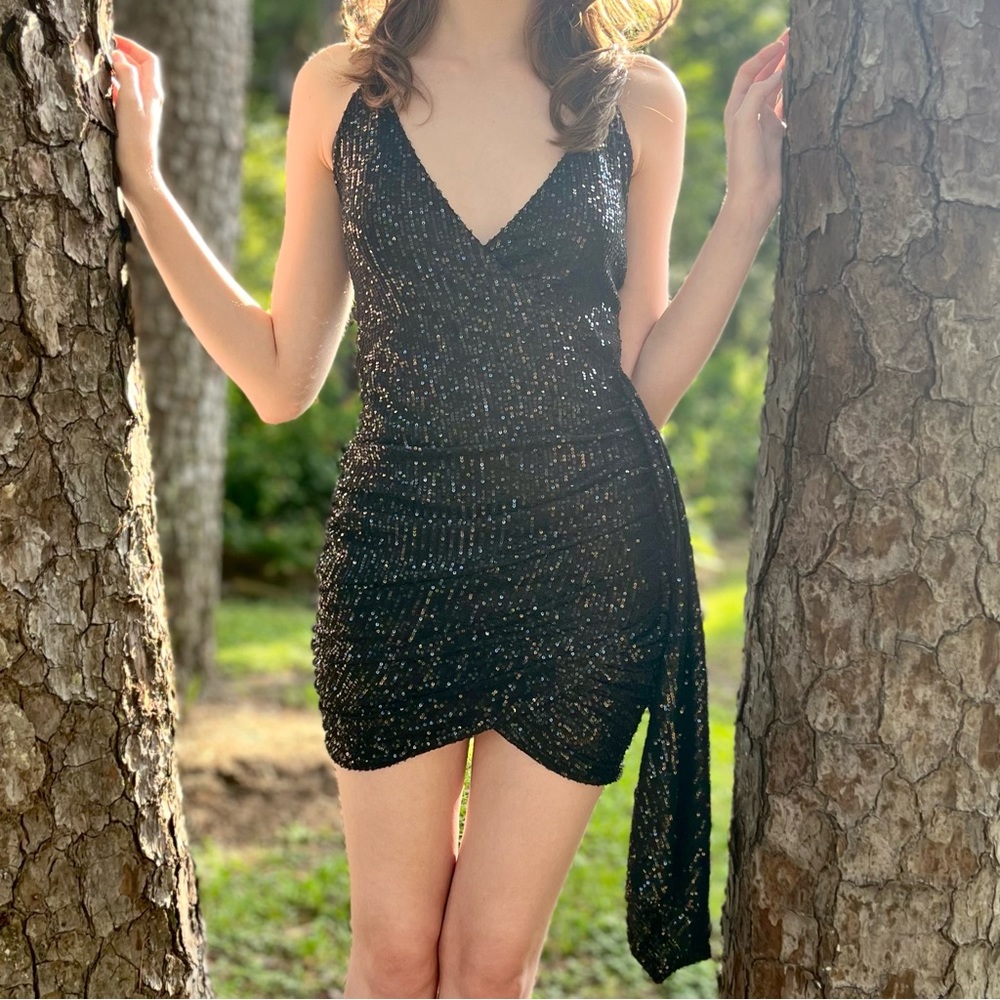 American Threads Klesis Sequin Draped Fitted Wrap Mini Dress Spaghetti Straps